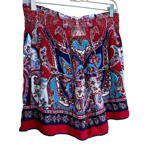 Bila Boho Paisley Floral Red Blue Smocked High Waist Flowy Festival Shorts Large - Picture 2 of 7